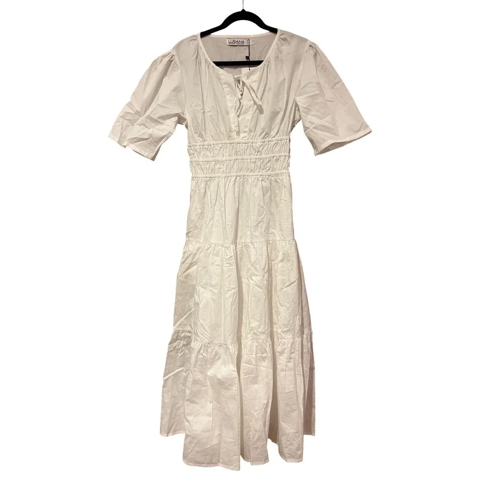 Lusana white cotton Tori maxi dress Large‎ tiered poplin resort vacation - Picture 5 of 9